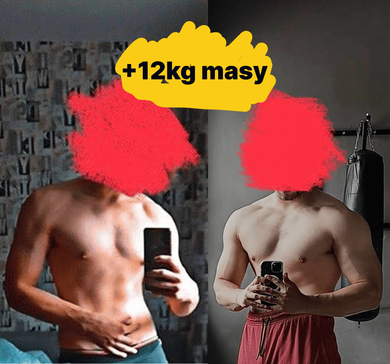 Zdjęcia podopiecznego przed i po treningach z podpisem +12 kg masy